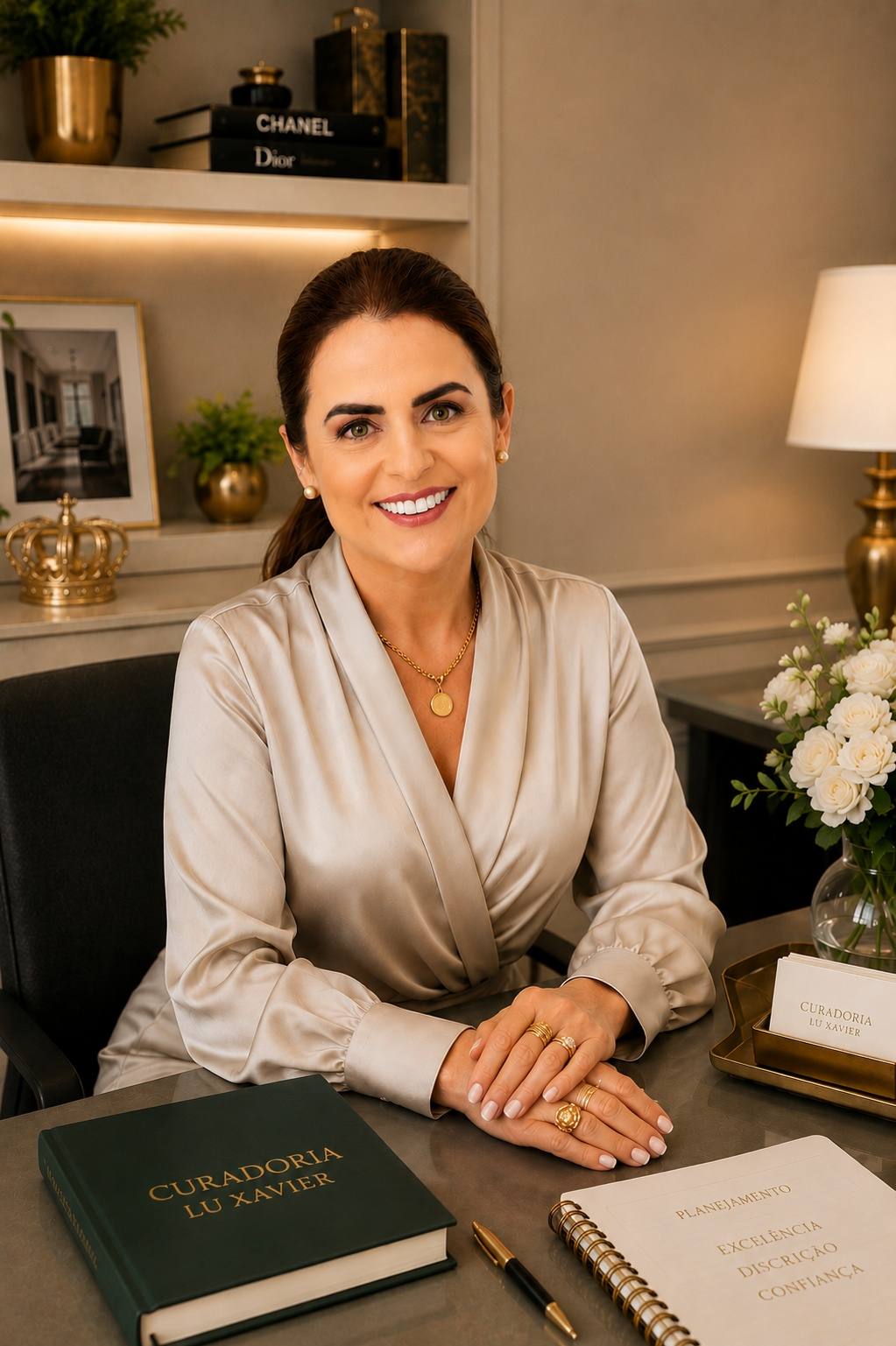 Luciana Xavier sorrindo à mesa, com o livro Curadoria Lu Xavier à sua frente