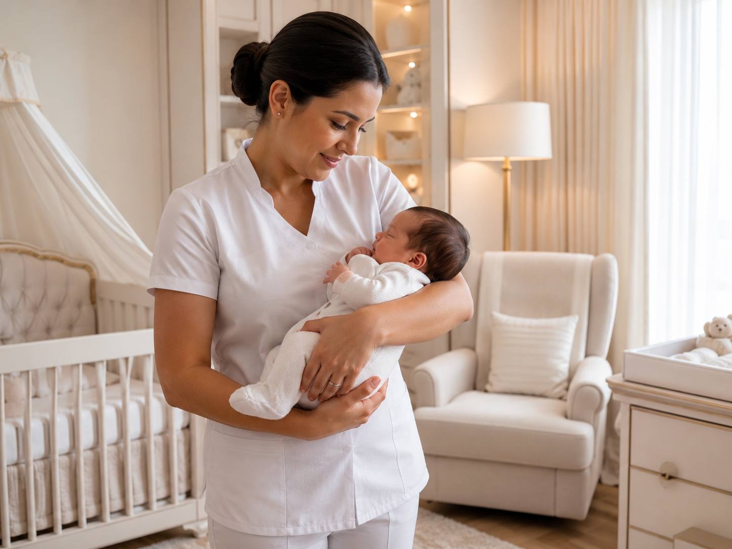 Enfermeira de branco segurando um recém-nascido no quarto do bebê